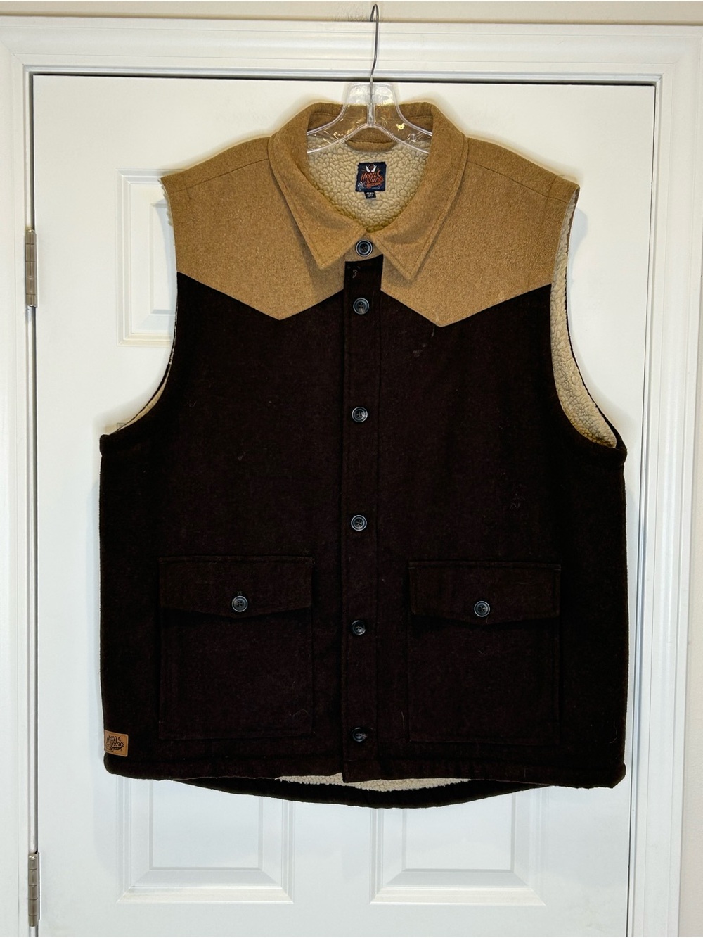 Moonshine Spirit Men's Sherpa-Lined Wool Vest in Tan and Brown Size XXL